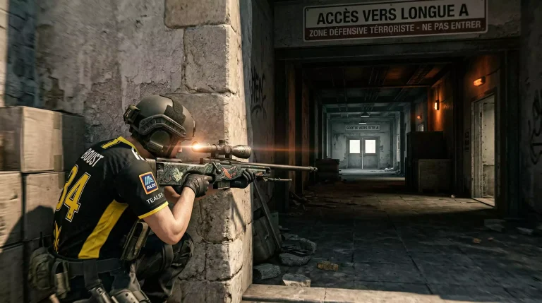 Joueur CS2 visant avec un AWP sniper sur une longue ligne de vue