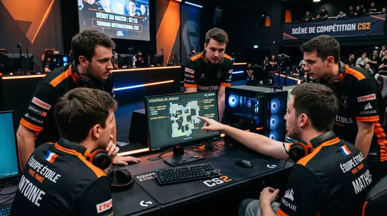 Équipe CS2 en discussion stratégique avant un match