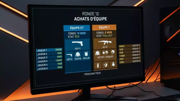 Interface CS2 montrant l'économie d'équipe avec argent et équipement