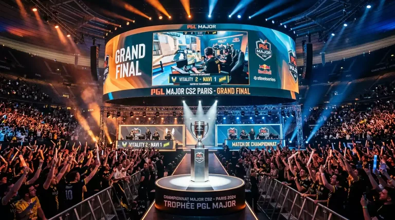 Trophée Major CS2 sur scène avec public esport en arrière-plan