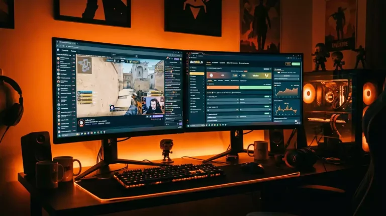 Setup multi-écrans avec stream Twitch CS2 et interface de paris